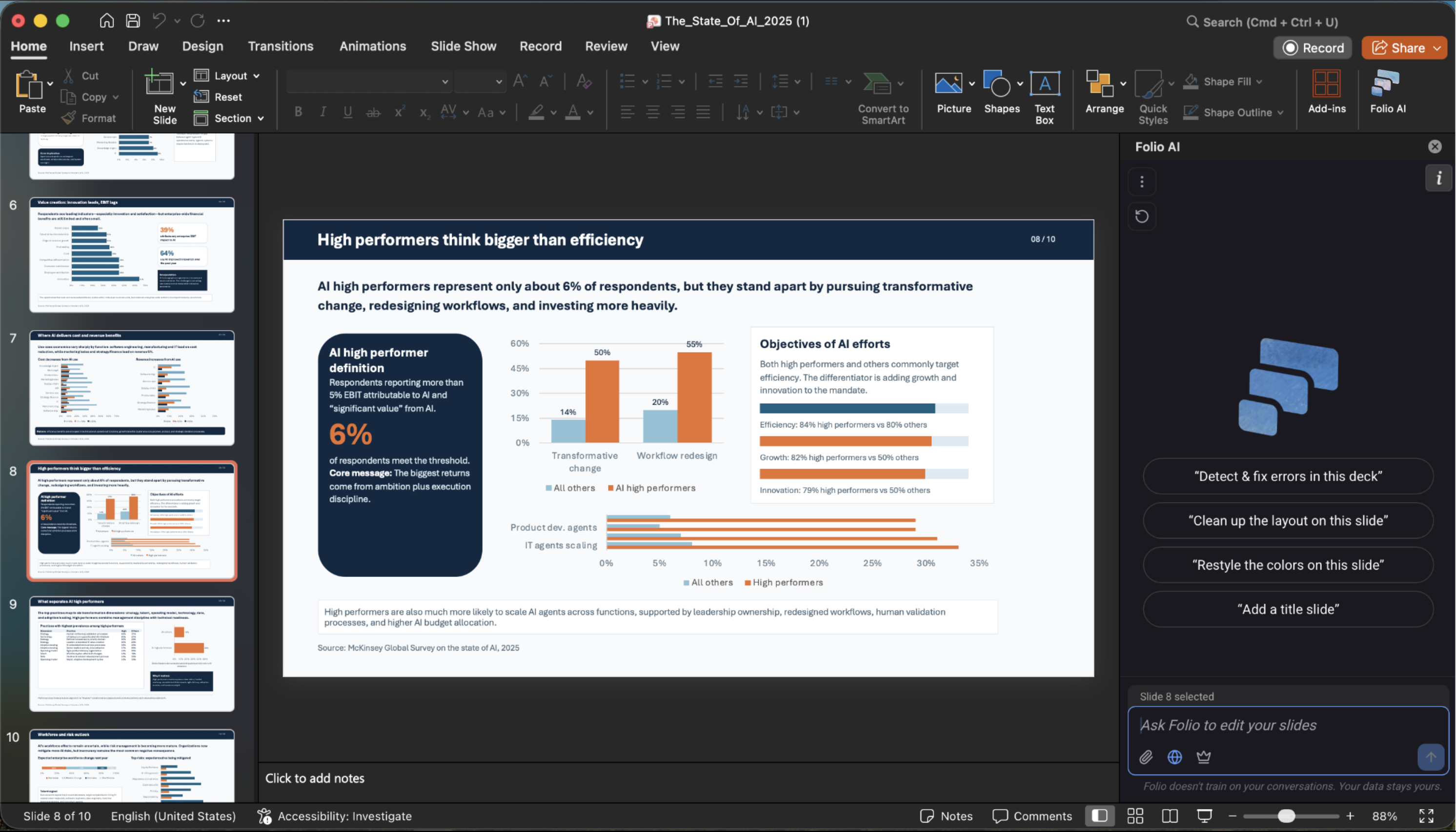 The Folio AI side panel open alongside a slide in PowerPoint.