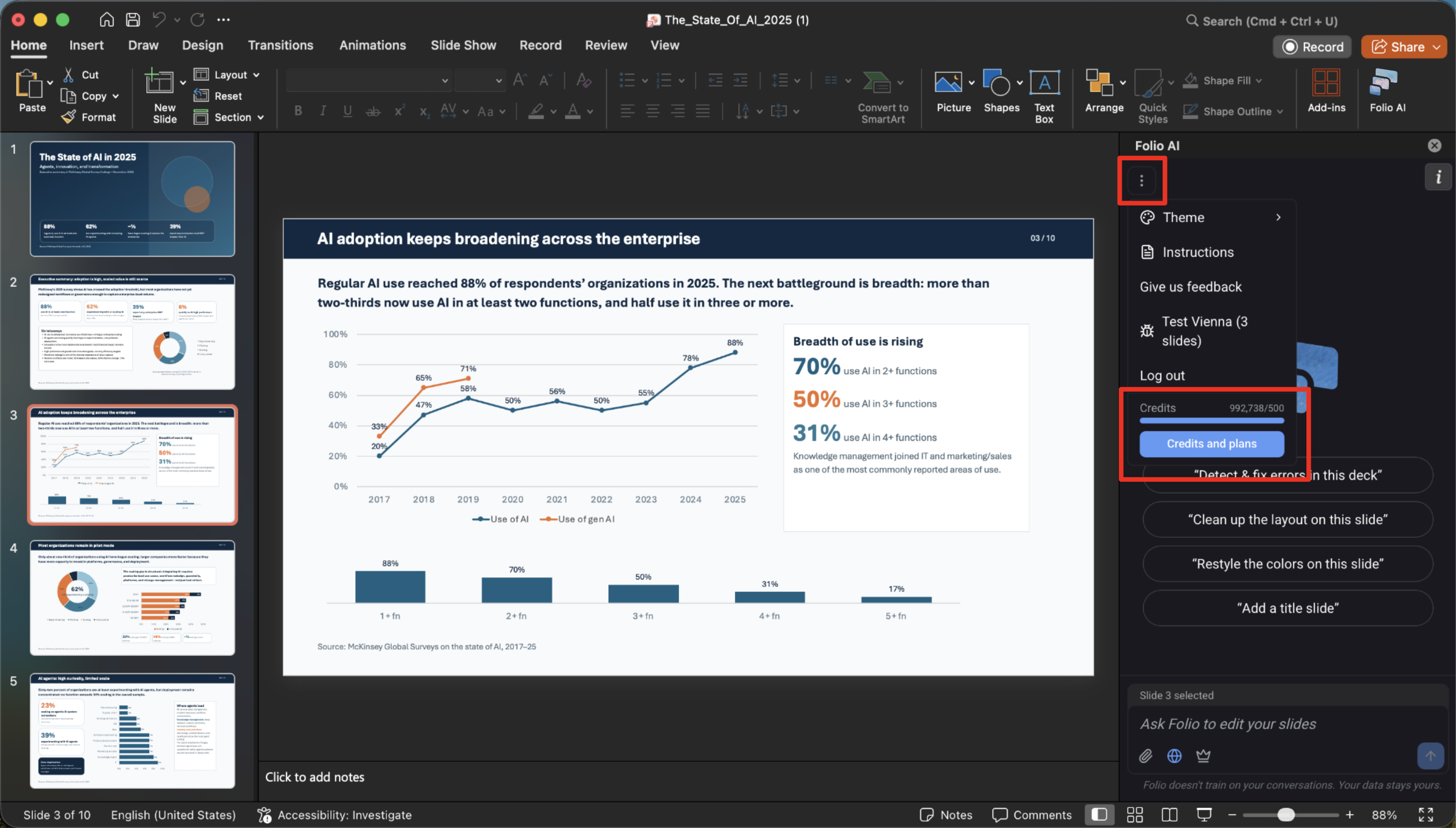 Viewing your credit usage from the more (⋯) menu in the Folio side panel.