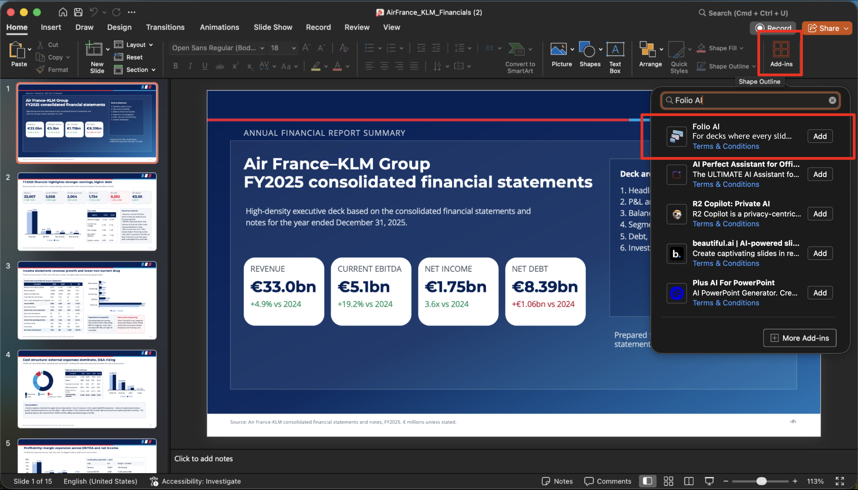 Searching for Folio AI under Home → Add-ins in PowerPoint.