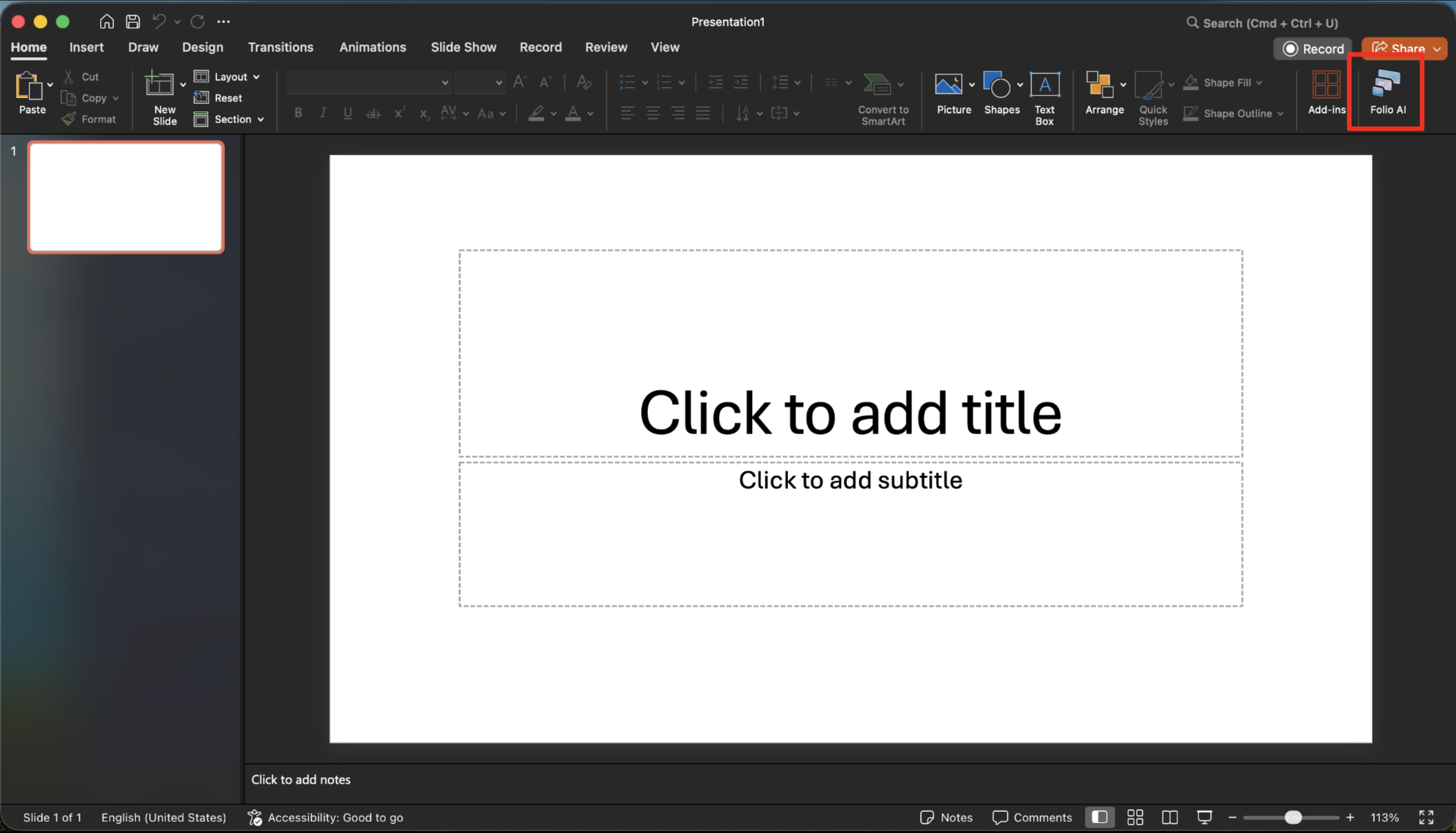 The Folio AI button in the PowerPoint ribbon.