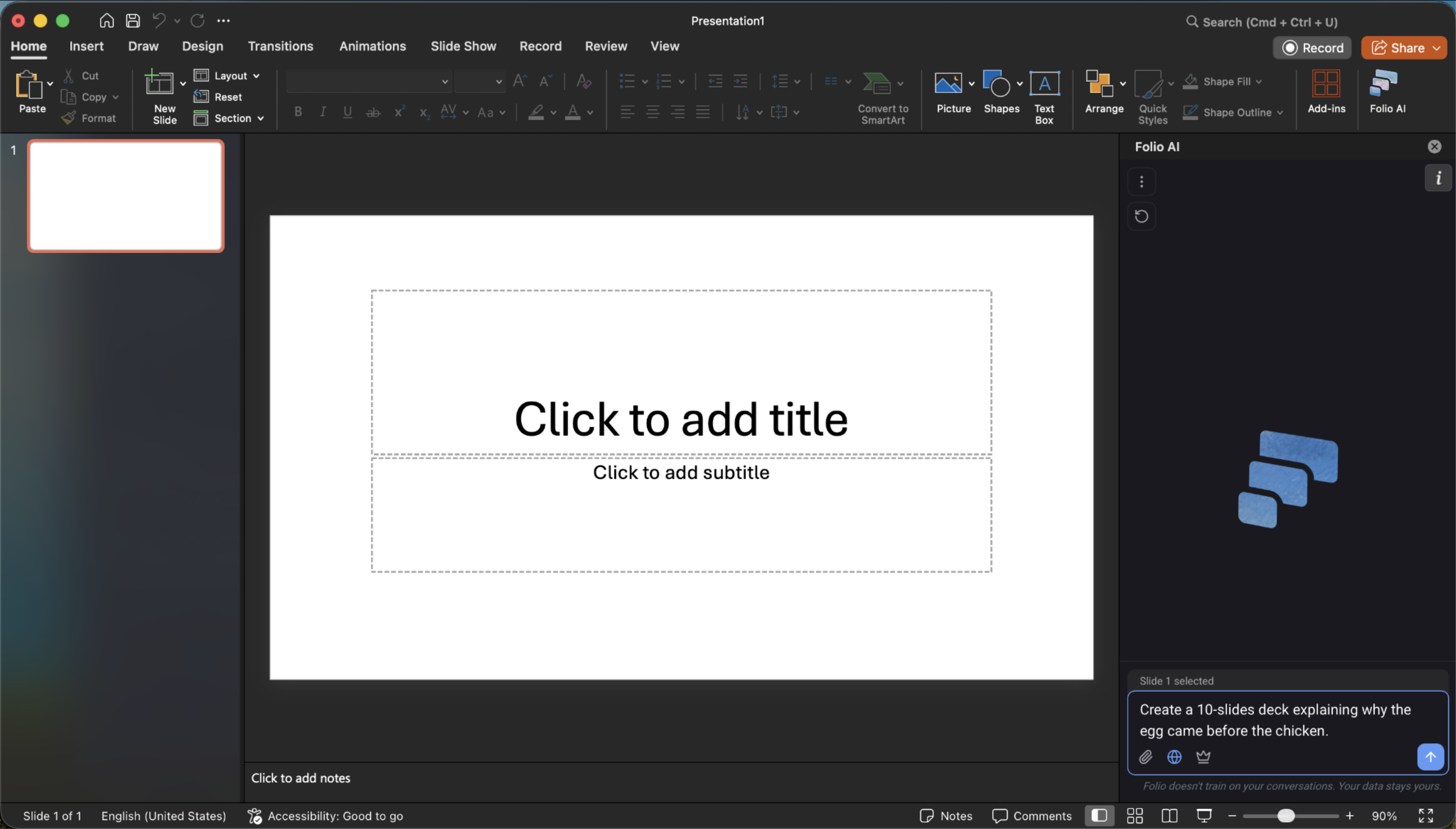 Entering a prompt in the Folio panel to generate a deck.